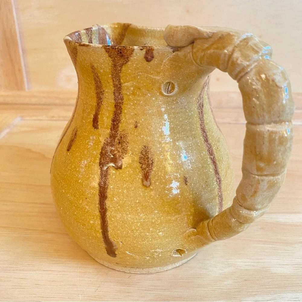 Handmade Studio PLUMPOTTERY G Yellow Brown‎ Glaze Stoneware Pottery Pitcher Jug